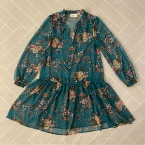 Anthropologie Maeve Emmy Teal Floral Tunic Chiffon Sheer Dress Women’s Size XS